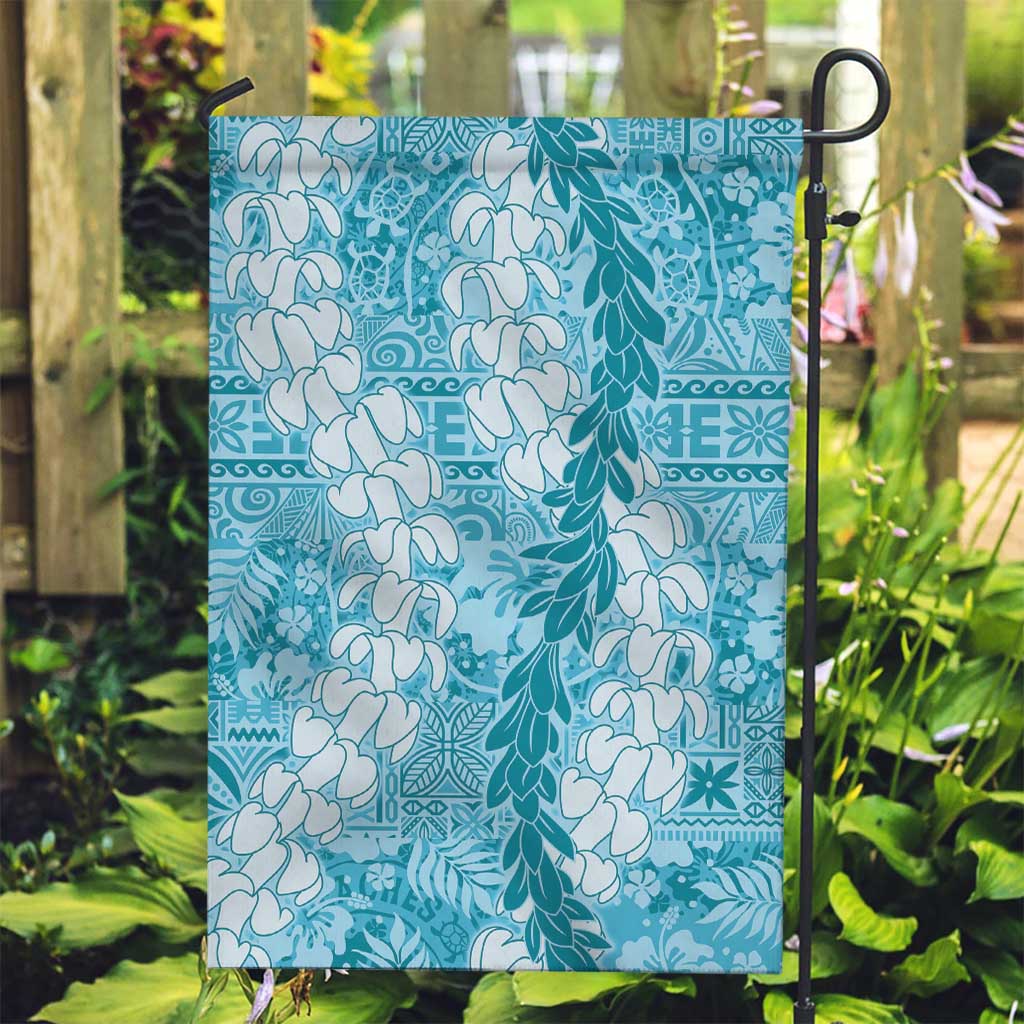 Blue Puakenikeni and Maile Lei Garden Flag Hawaiian Style Tribal Tapa Double Strand Lei LT9 Garden Flag Blue - Polynesian Pride