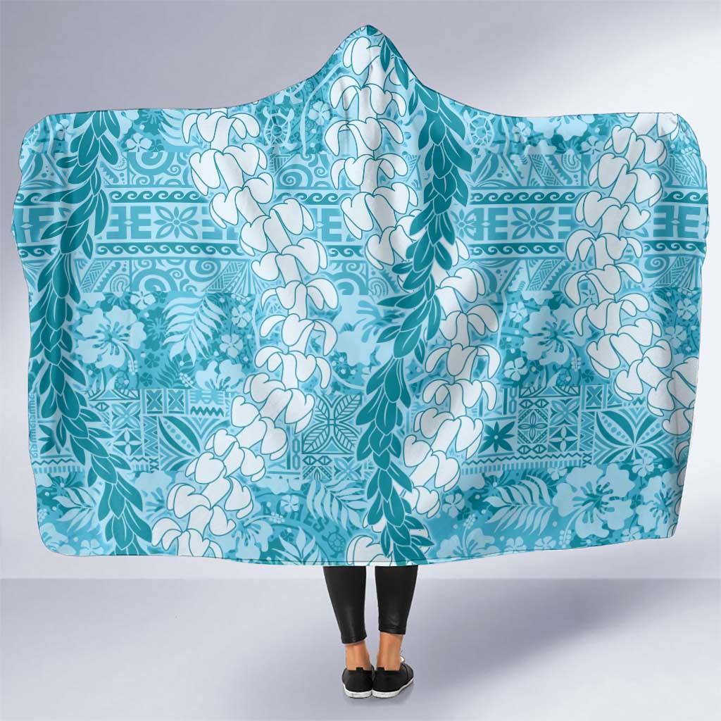 Blue Puakenikeni and Maile Lei Hooded Blanket Hawaiian Style Tribal Tapa Double Strand Lei LT9 One Size Blue - Polynesian Pride