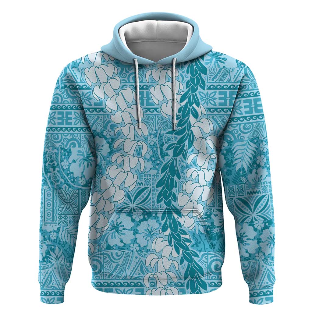 Blue Puakenikeni and Maile Lei Hoodie Hawaiian Style Tribal Tapa Double Strand Lei LT9 Pullover Hoodie Blue - Polynesian Pride