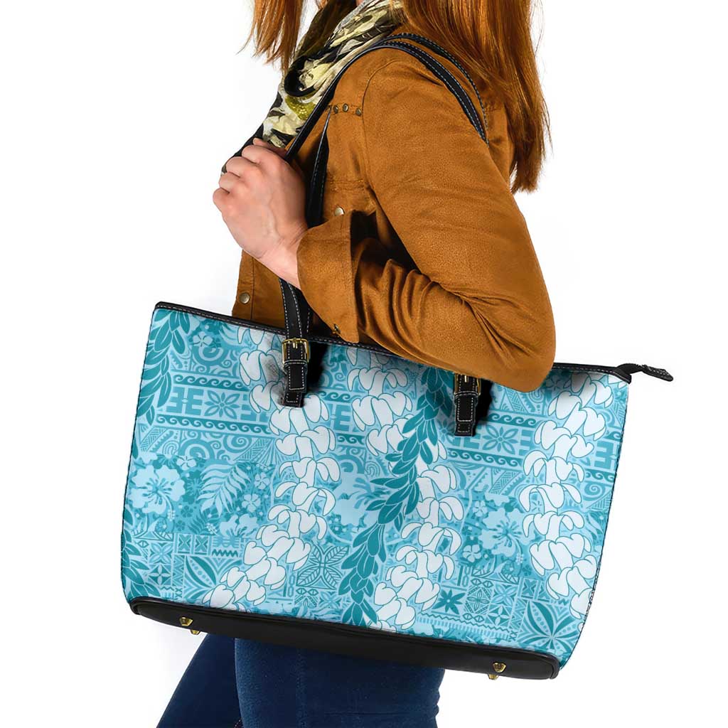 Blue Puakenikeni and Maile Lei Leather Tote Bag Hawaiian Style Tribal Tapa Double Strand Lei LT9 Blue - Polynesian Pride