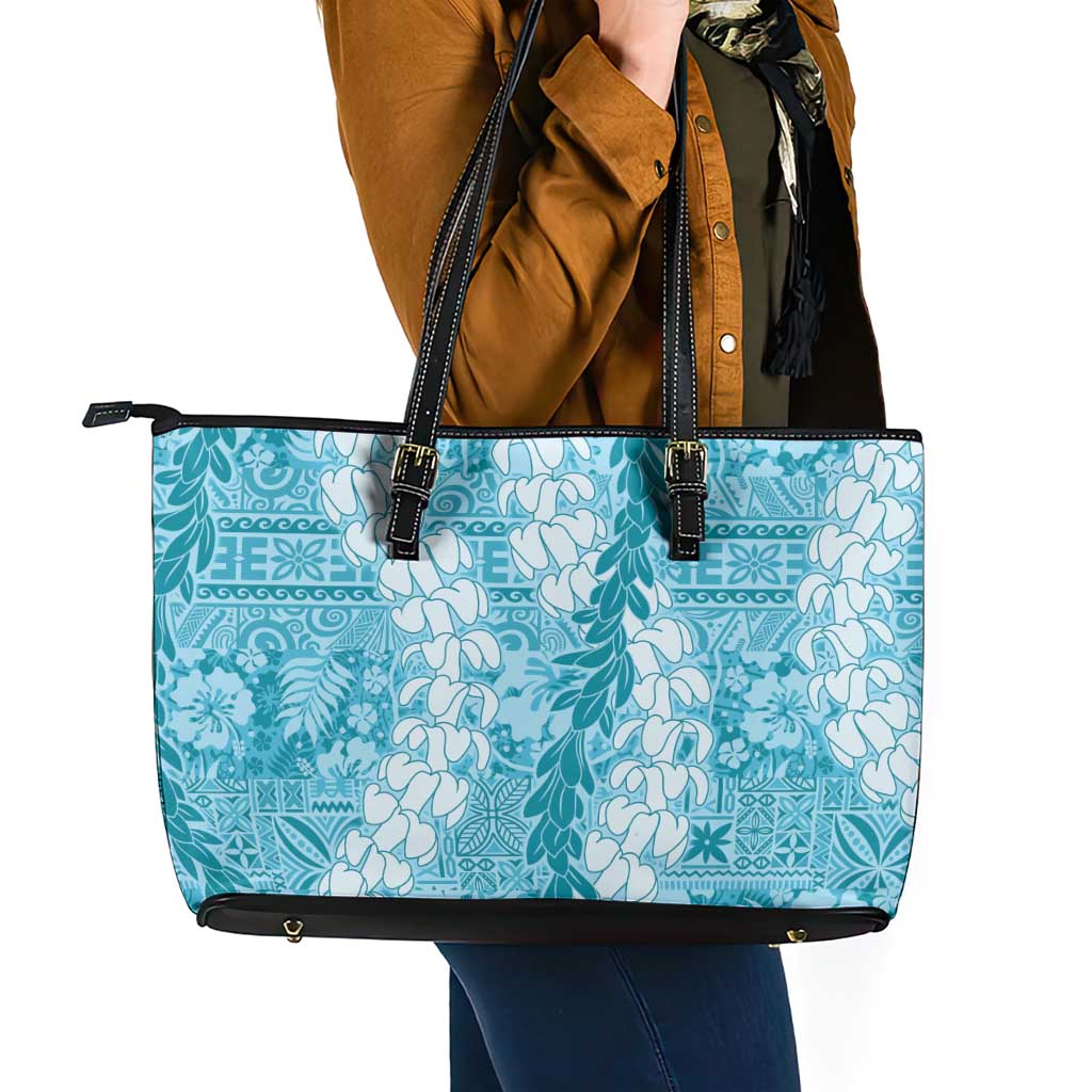 Blue Puakenikeni and Maile Lei Leather Tote Bag Hawaiian Style Tribal Tapa Double Strand Lei LT9 - Polynesian Pride