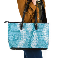 Blue Puakenikeni and Maile Lei Leather Tote Bag Hawaiian Style Tribal Tapa Double Strand Lei LT9 - Polynesian Pride