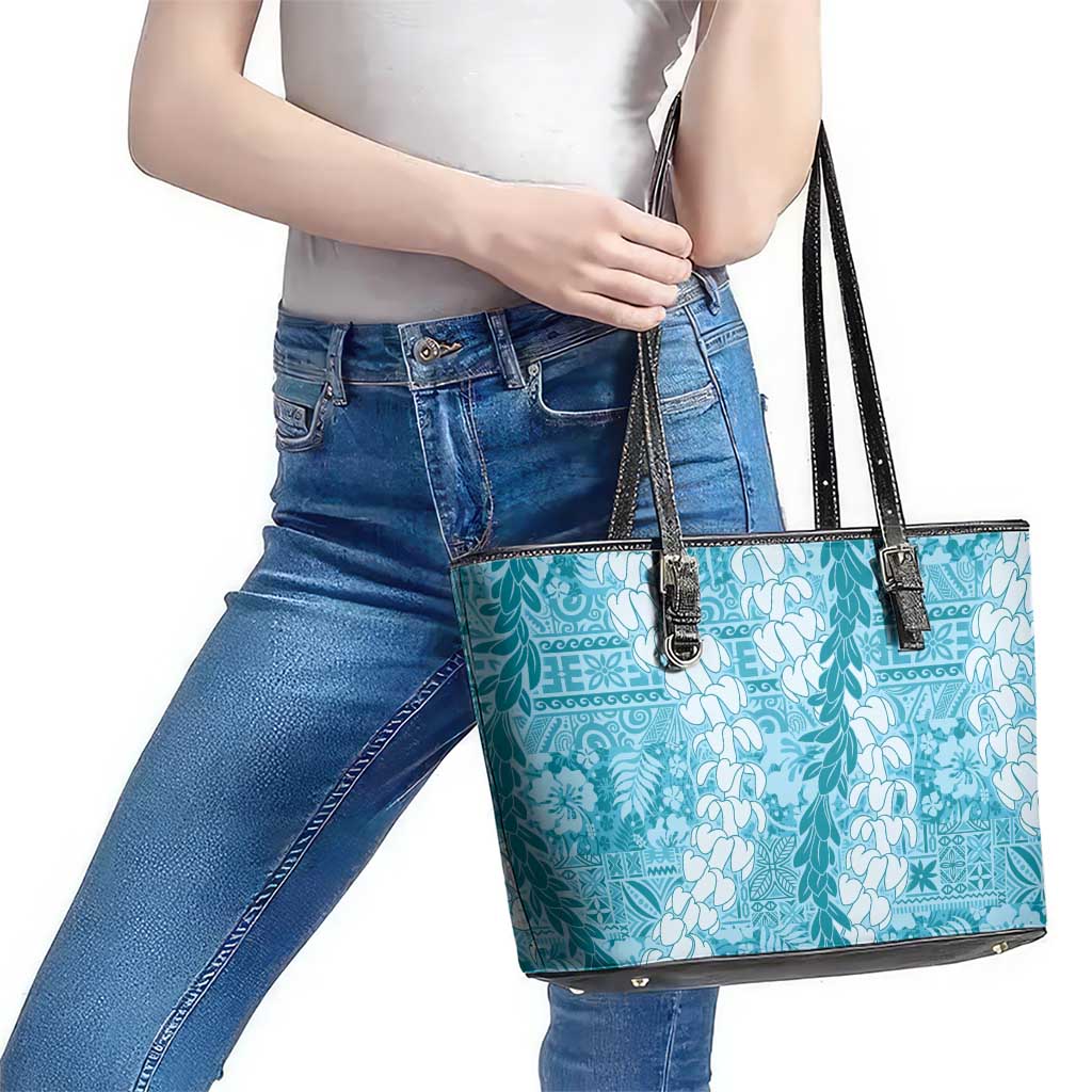Blue Puakenikeni and Maile Lei Leather Tote Bag Hawaiian Style Tribal Tapa Double Strand Lei LT9 - Polynesian Pride