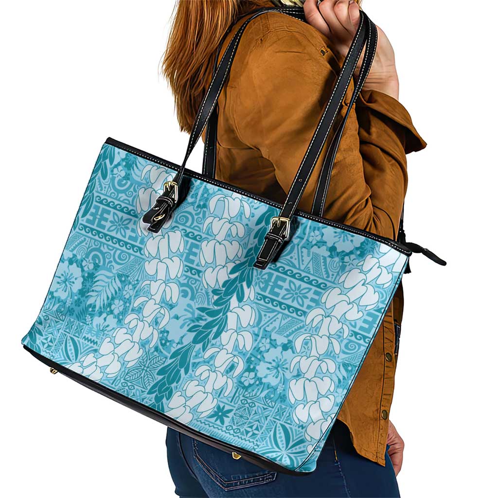 Blue Puakenikeni and Maile Lei Leather Tote Bag Hawaiian Style Tribal Tapa Double Strand Lei LT9 - Polynesian Pride