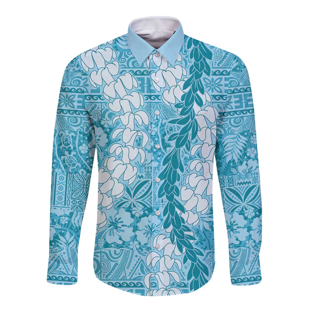 Blue Puakenikeni and Maile Lei Long Sleeve Button Shirt Hawaiian Style Tribal Tapa Double Strand Lei LT9 Unisex Blue - Polynesian Pride