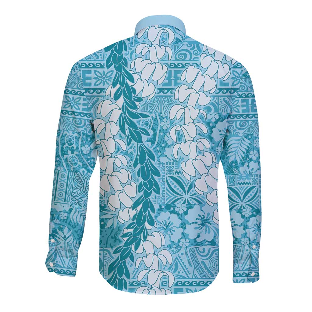 Blue Puakenikeni and Maile Lei Long Sleeve Button Shirt Hawaiian Style Tribal Tapa Double Strand Lei LT9 - Polynesian Pride