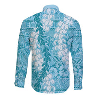 Blue Puakenikeni and Maile Lei Long Sleeve Button Shirt Hawaiian Style Tribal Tapa Double Strand Lei LT9 - Polynesian Pride