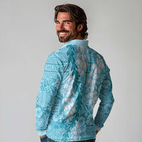 Blue Puakenikeni and Maile Lei Long Sleeve Polo Shirt Hawaiian Style Tribal Tapa Double Strand Lei LT9 - Polynesian Pride