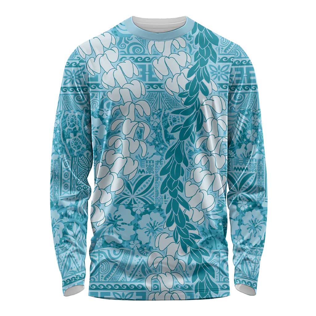 Blue Puakenikeni and Maile Lei Long Sleeve Shirt Hawaiian Style Tribal Tapa Double Strand Lei LT9 Unisex Blue - Polynesian Pride