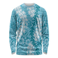 Blue Puakenikeni and Maile Lei Long Sleeve Shirt Hawaiian Style Tribal Tapa Double Strand Lei LT9 Unisex Blue - Polynesian Pride