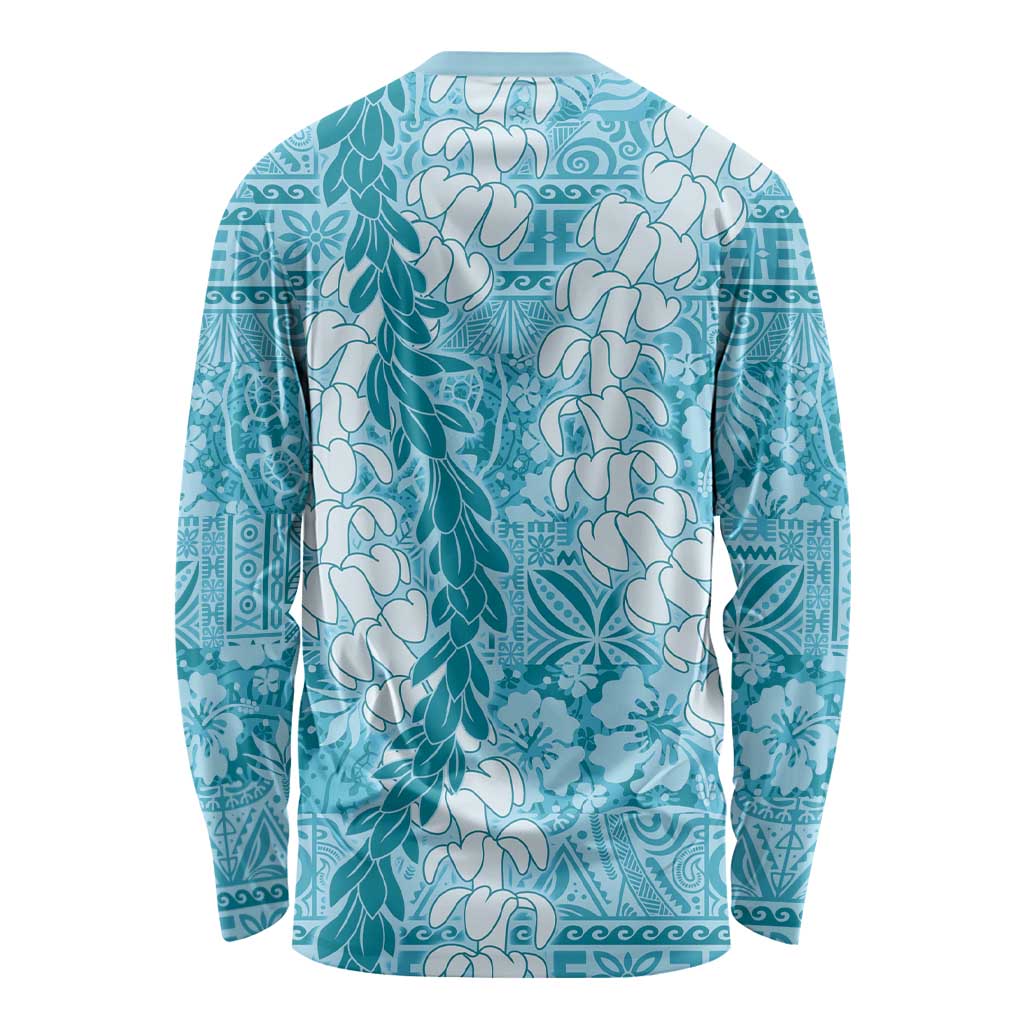 Blue Puakenikeni and Maile Lei Long Sleeve Shirt Hawaiian Style Tribal Tapa Double Strand Lei LT9 - Polynesian Pride