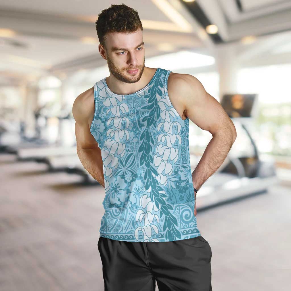 Blue Puakenikeni and Maile Lei Men Tank Top Hawaiian Style Tribal Tapa Double Strand Lei