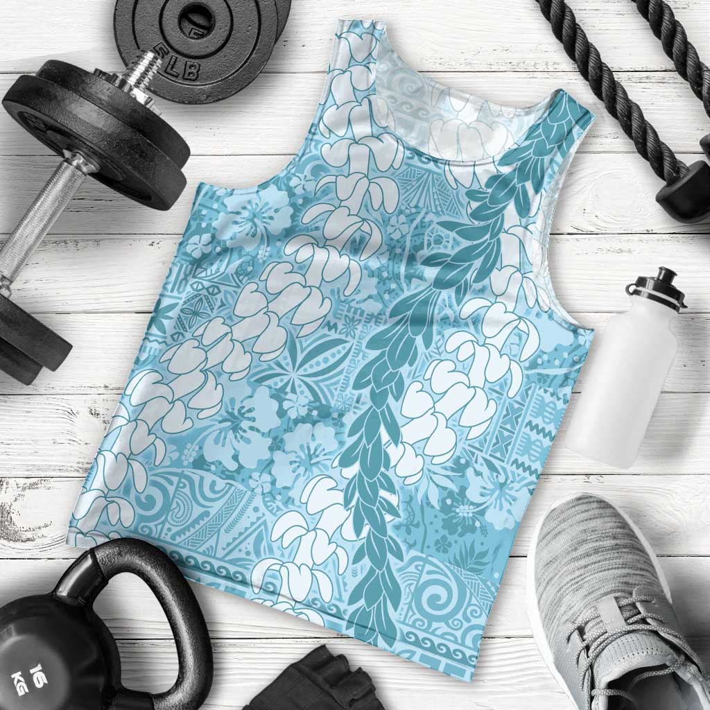 Blue Puakenikeni and Maile Lei Men Tank Top Hawaiian Style Tribal Tapa Double Strand Lei LT9 - Polynesian Pride