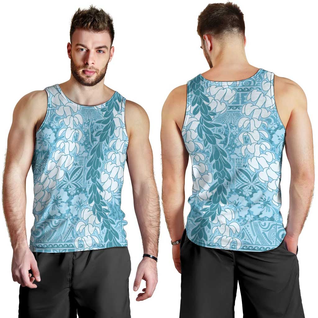 Blue Puakenikeni and Maile Lei Men Tank Top Hawaiian Style Tribal Tapa Double Strand Lei LT9 - Polynesian Pride