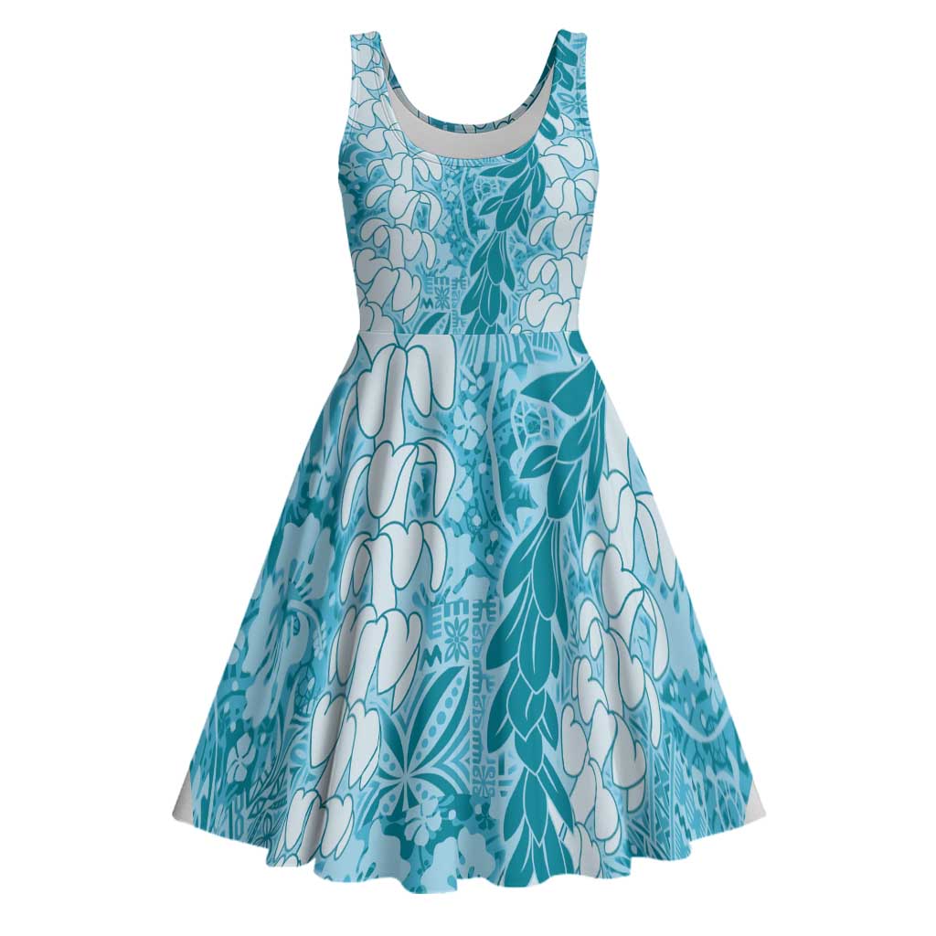 Blue Puakenikeni and Maile Lei Midi Dress Hawaiian Style Tribal Tapa Double Strand Lei LT9 Blue - Polynesian Pride