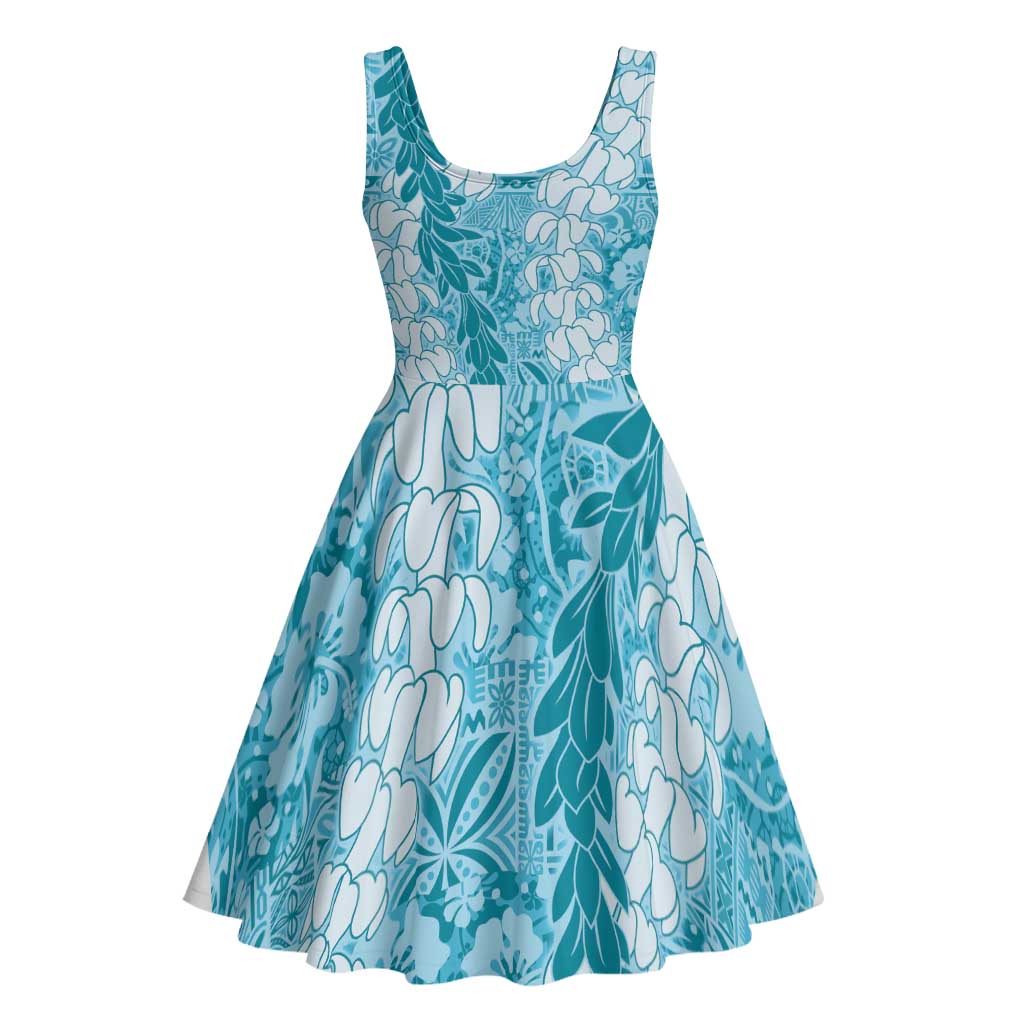Blue Puakenikeni and Maile Lei Midi Dress Hawaiian Style Tribal Tapa Double Strand Lei LT9 - Polynesian Pride