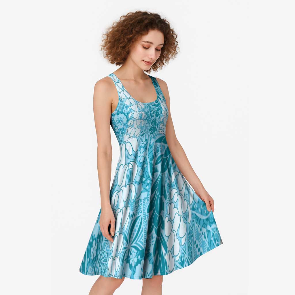 Blue Puakenikeni and Maile Lei Midi Dress Hawaiian Style Tribal Tapa Double Strand Lei LT9 - Polynesian Pride