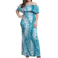 Blue Puakenikeni and Maile Lei Off Shoulder Maxi Dress Hawaiian Style Tribal Tapa Double Strand Lei LT9 Women Blue - Polynesian Pride