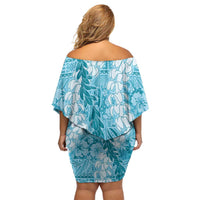 Blue Puakenikeni and Maile Lei Off Shoulder Short Dress Hawaiian Style Tribal Tapa Double Strand Lei LT9 - Polynesian Pride
