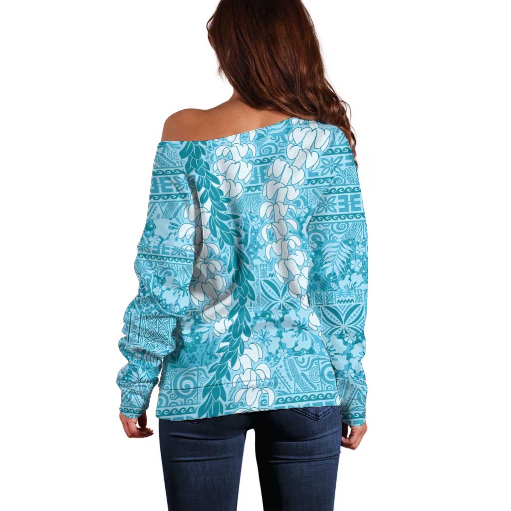 Blue Puakenikeni and Maile Lei Off Shoulder Sweater Hawaiian Style Tribal Tapa Double Strand Lei LT9 - Polynesian Pride