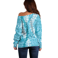 Blue Puakenikeni and Maile Lei Off Shoulder Sweater Hawaiian Style Tribal Tapa Double Strand Lei LT9 - Polynesian Pride