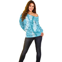 Blue Puakenikeni and Maile Lei Off Shoulder Sweater Hawaiian Style Tribal Tapa Double Strand Lei LT9 - Polynesian Pride