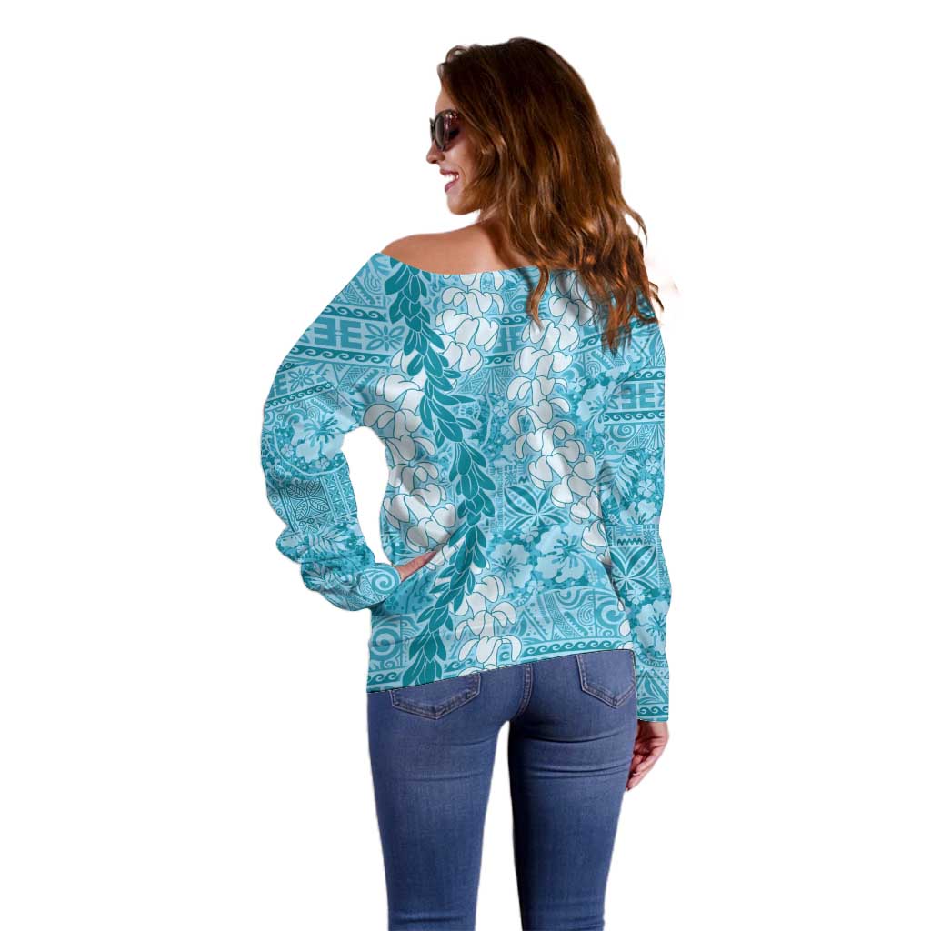 Blue Puakenikeni and Maile Lei Off Shoulder Sweater Hawaiian Style Tribal Tapa Double Strand Lei LT9 - Polynesian Pride