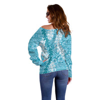 Blue Puakenikeni and Maile Lei Off Shoulder Sweater Hawaiian Style Tribal Tapa Double Strand Lei LT9 - Polynesian Pride