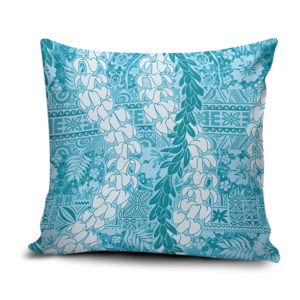 Blue Puakenikeni and Maile Lei Pillow Cover Hawaiian Style Tribal Tapa Double Strand Lei LT9 Blue - Polynesian Pride