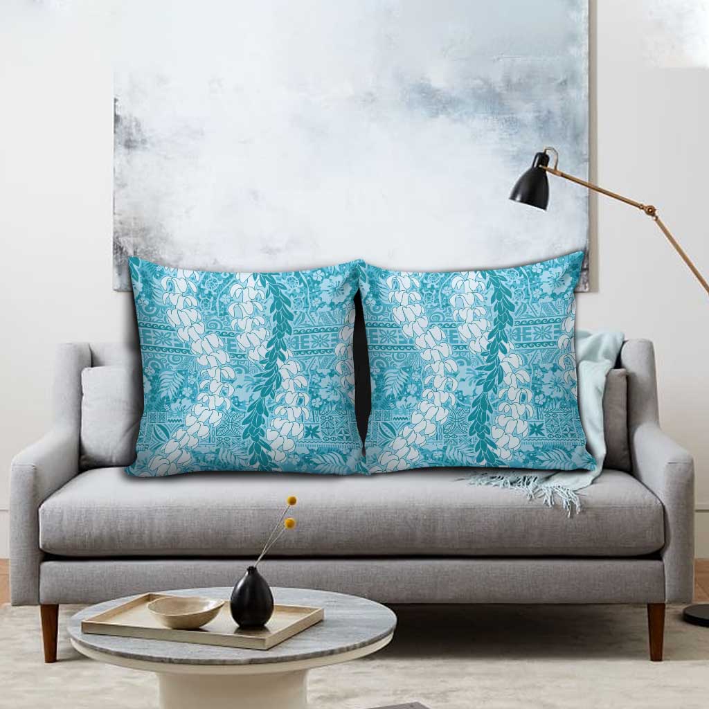 Blue Puakenikeni and Maile Lei Pillow Cover Hawaiian Style Tribal Tapa Double Strand Lei LT9 - Polynesian Pride