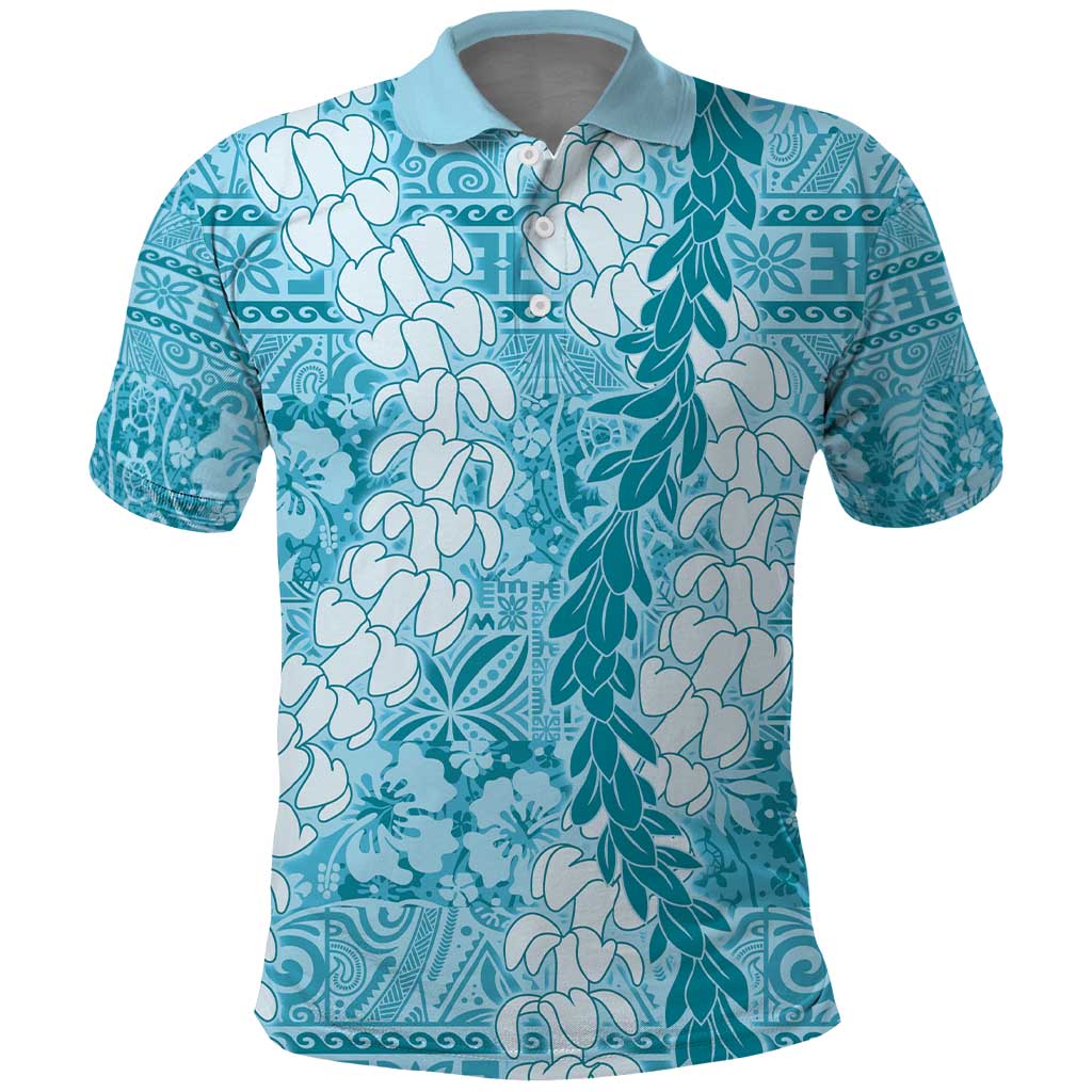 Blue Puakenikeni and Maile Lei Polo Shirt Hawaiian Style Tribal Tapa Double Strand Lei LT9 Blue - Polynesian Pride