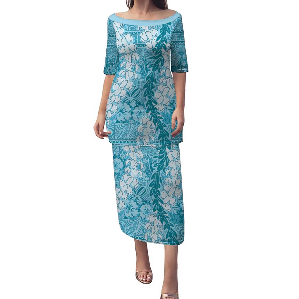 Blue Puakenikeni and Maile Lei Puletasi Hawaiian Style Tribal Tapa Double Strand Lei LT9 Long Dress Blue - Polynesian Pride
