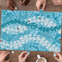 Blue Puakenikeni and Maile Lei Puzzle Hawaiian Style Tribal Tapa Double Strand Lei LT9 - Polynesian Pride