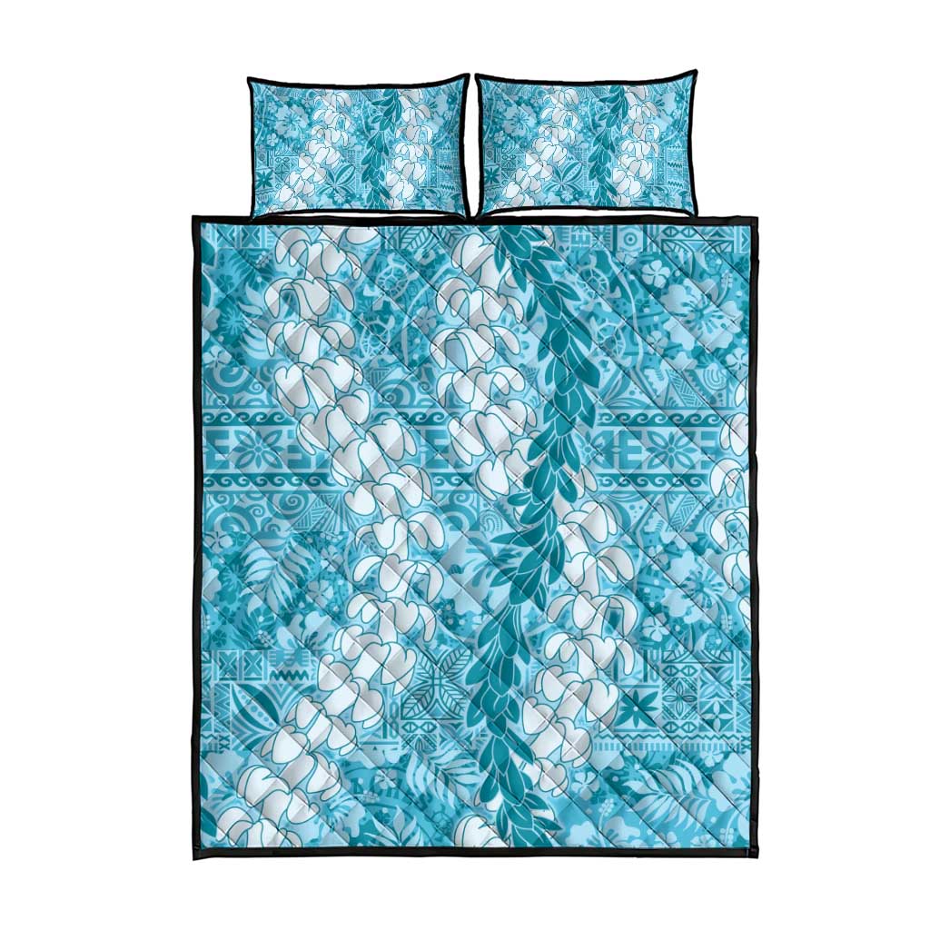 Blue Puakenikeni and Maile Lei Quilt Bed Set Hawaiian Style Tribal Tapa Double Strand Lei LT9 - Polynesian Pride