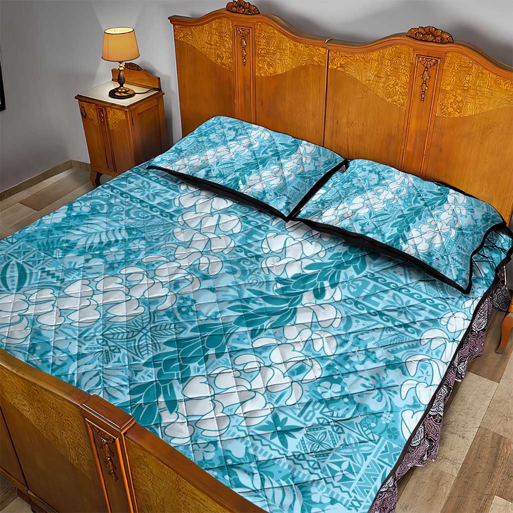 Blue Puakenikeni and Maile Lei Quilt Bed Set Hawaiian Style Tribal Tapa Double Strand Lei LT9 - Polynesian Pride