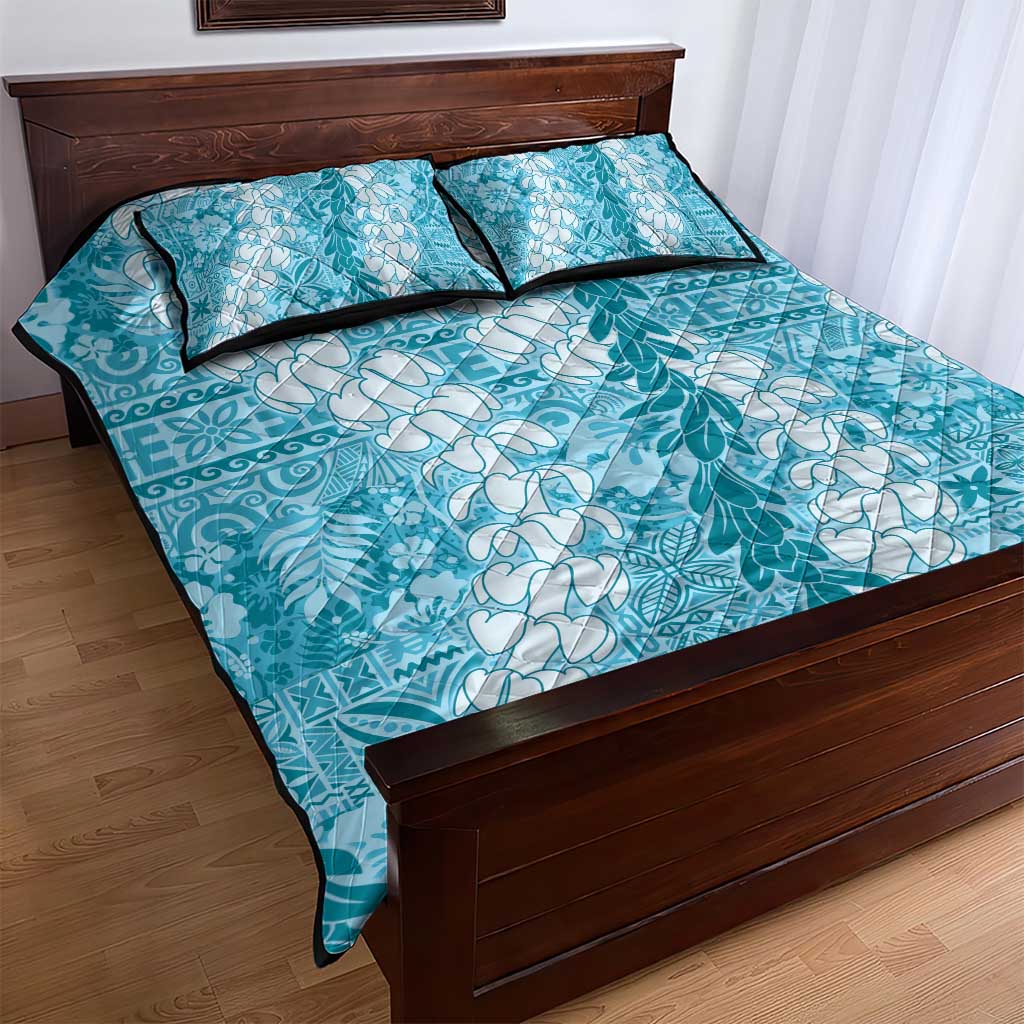Blue Puakenikeni and Maile Lei Quilt Bed Set Hawaiian Style Tribal Tapa Double Strand Lei LT9 - Polynesian Pride