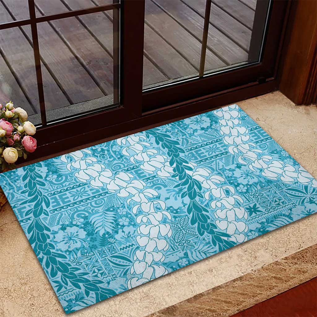Blue Puakenikeni and Maile Lei Rubber Doormat Hawaiian Style Tribal Tapa Double Strand Lei LT9 - Polynesian Pride