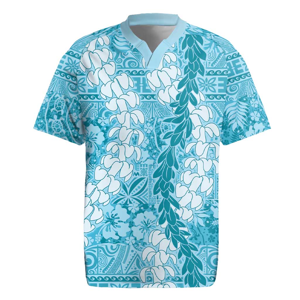 Blue Puakenikeni and Maile Lei Rugby Jersey Hawaiian Style Tribal Tapa Double Strand Lei LT9 Blue - Polynesian Pride