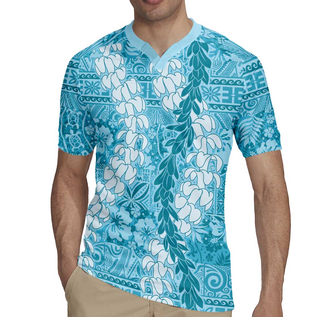 Blue Puakenikeni and Maile Lei Rugby Jersey Hawaiian Style Tribal Tapa Double Strand Lei LT9 - Polynesian Pride