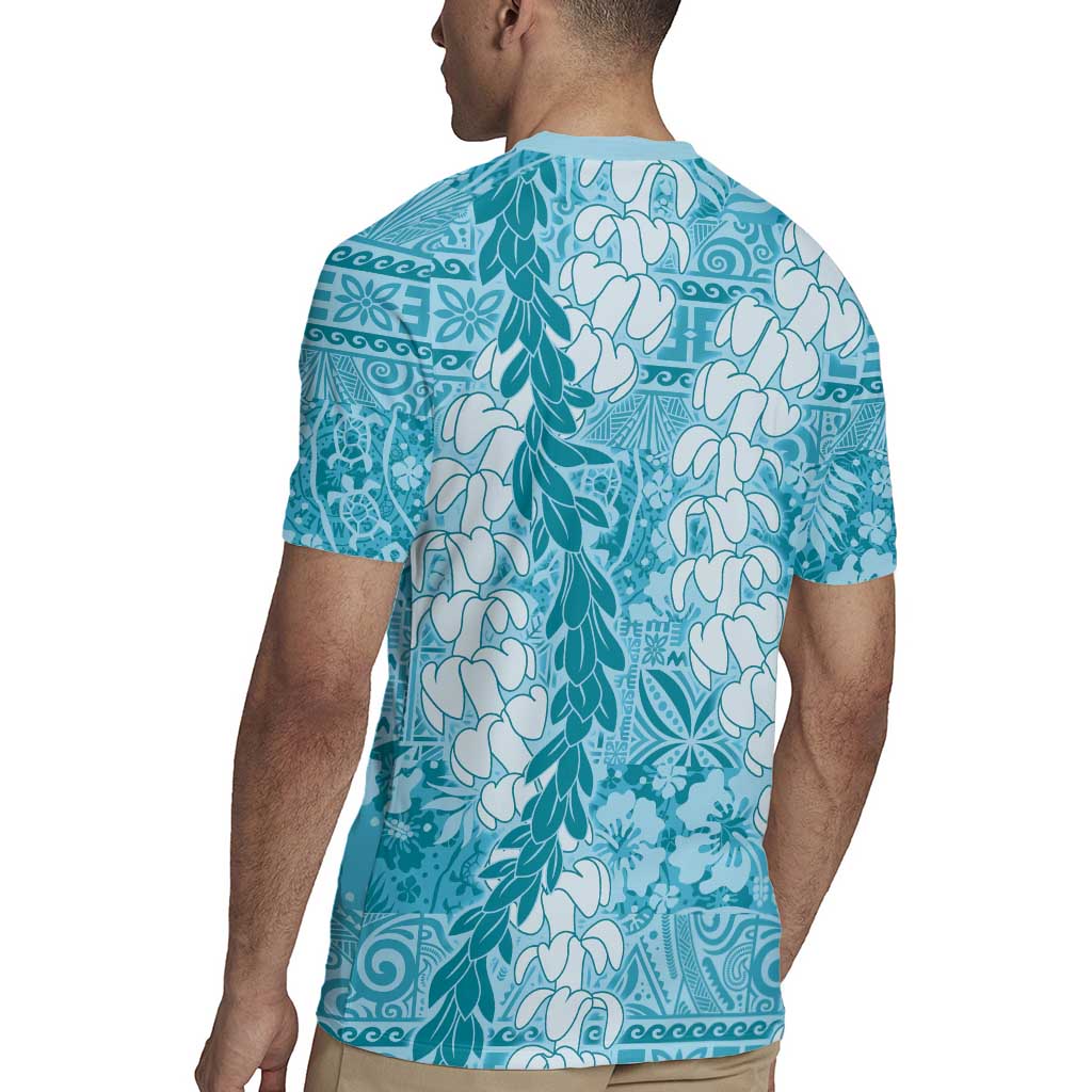 Blue Puakenikeni and Maile Lei Rugby Jersey Hawaiian Style Tribal Tapa Double Strand Lei LT9 - Polynesian Pride