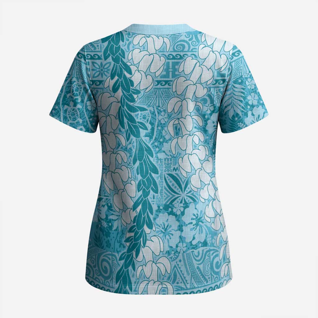 Blue Puakenikeni and Maile Lei Scrub Top Hawaiian Style Tribal Tapa Double Strand Lei LT9 - Polynesian Pride