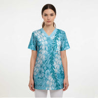 Blue Puakenikeni and Maile Lei Scrub Top Hawaiian Style Tribal Tapa Double Strand Lei LT9 - Polynesian Pride