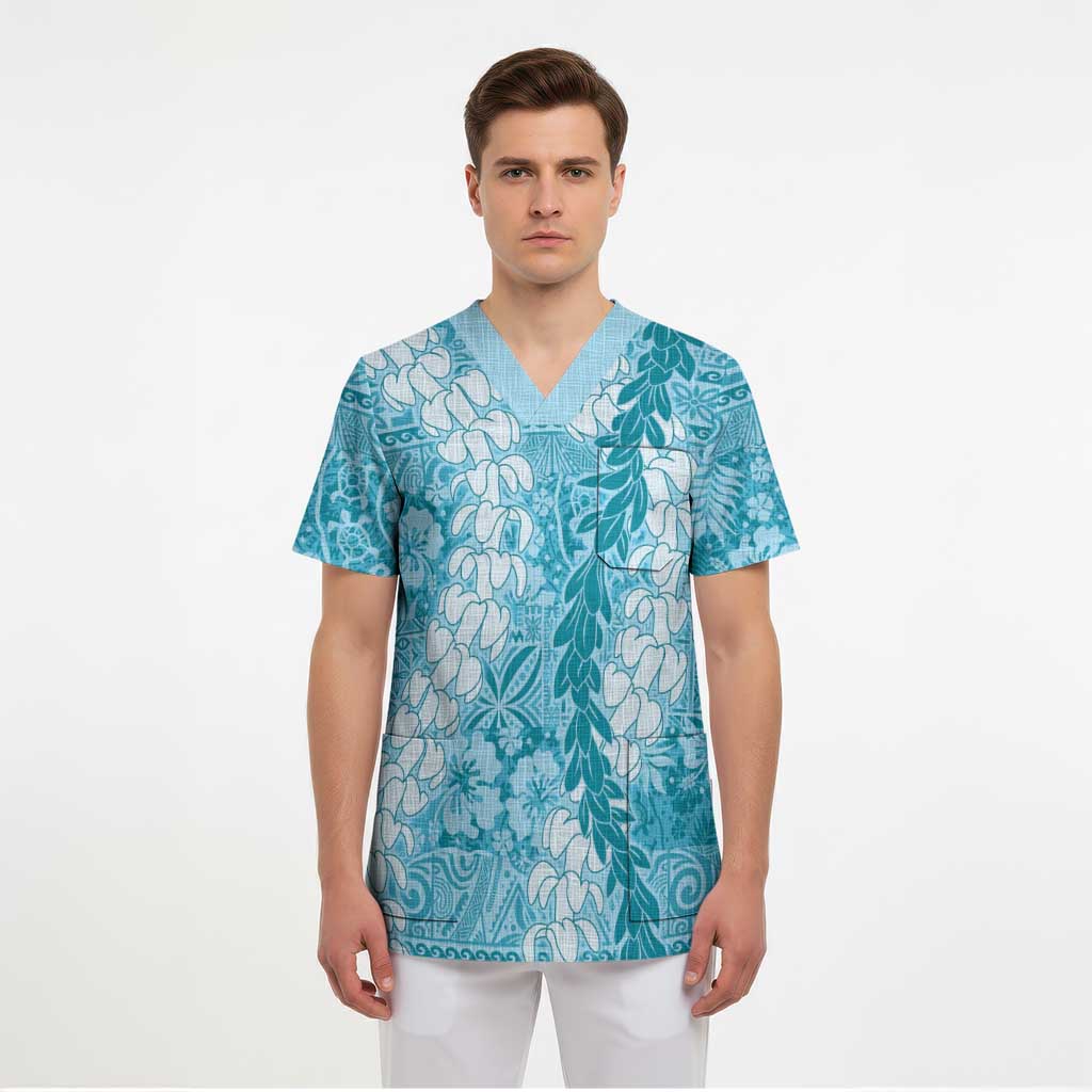 Blue Puakenikeni and Maile Lei Scrub Top Hawaiian Style Tribal Tapa Double Strand Lei LT9 - Polynesian Pride