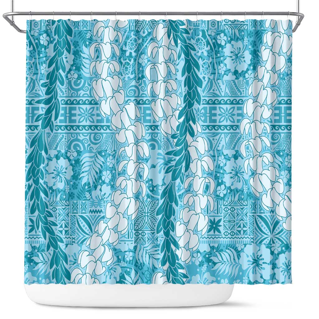 Blue Puakenikeni and Maile Lei Shower Curtain Hawaiian Style Tribal Tapa Double Strand Lei LT9 Blue - Polynesian Pride