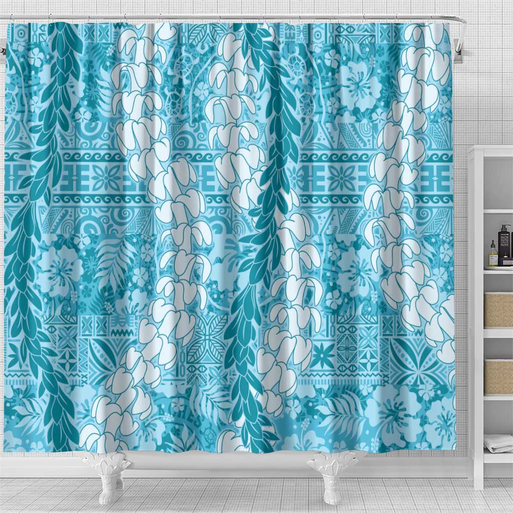 Blue Puakenikeni and Maile Lei Shower Curtain Hawaiian Style Tribal Tapa Double Strand Lei LT9 - Polynesian Pride