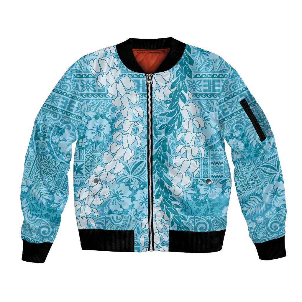 Blue Puakenikeni and Maile Lei Sleeve Zip Bomber Jacket Hawaiian Style Tribal Tapa Double Strand Lei LT9 Unisex Blue - Polynesian Pride