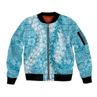 Blue Puakenikeni and Maile Lei Sleeve Zip Bomber Jacket Hawaiian Style Tribal Tapa Double Strand Lei LT9 Unisex Blue - Polynesian Pride
