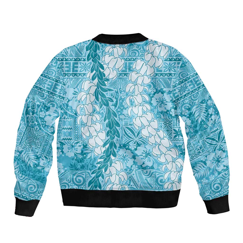 Blue Puakenikeni and Maile Lei Sleeve Zip Bomber Jacket Hawaiian Style Tribal Tapa Double Strand Lei LT9 - Polynesian Pride