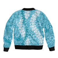 Blue Puakenikeni and Maile Lei Sleeve Zip Bomber Jacket Hawaiian Style Tribal Tapa Double Strand Lei LT9 - Polynesian Pride