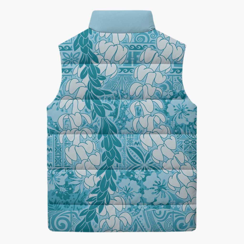 Blue Puakenikeni and Maile Lei Sleeveless Puffer Jacket Hawaiian Style Tribal Tapa Double Strand Lei LT9 - Polynesian Pride